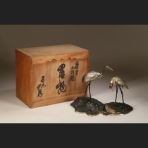 鋳金双鶴に亀 置物